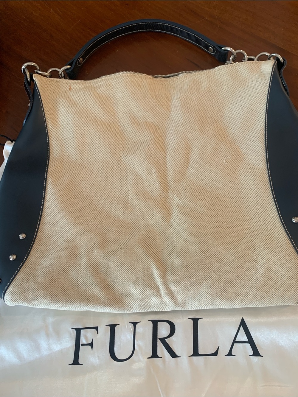 Furla Beige Canvas Shoulder Bag with Black Leather Trim
